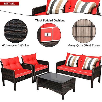 Clihome 4 Pieces Patio Rattan Sofa Set Free-Combination with Cushion & Coffee Table