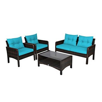 Clihome 4 pc Patio Rattan Sofa Set Free-Combination with Cushion & Coffee Table