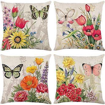 Linen Throw Pillow Covers Set Durable Floral Butterfly Farmhouse Decor
