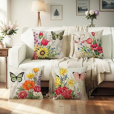 Linen Throw Pillow Covers Set Durable Floral Butterfly Farmhouse Decor