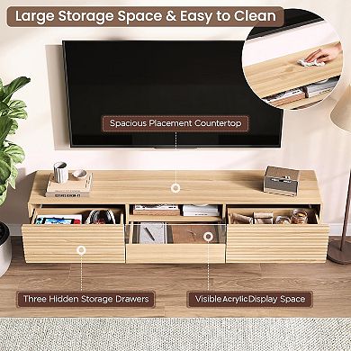 63" Floating TV Stand Cabinet, Fluted Entertainment Center with Remote Control for LED Lights