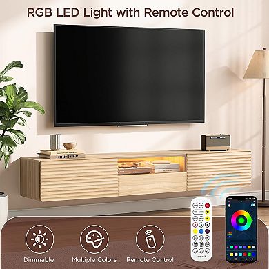 63" Floating TV Stand Cabinet, Fluted Entertainment Center with Remote Control for LED Lights
