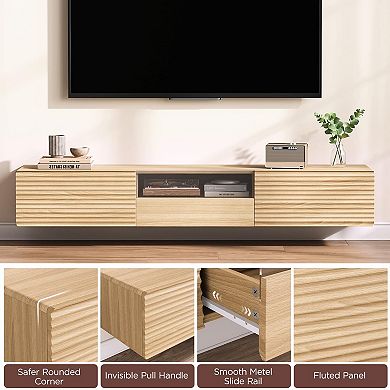 63" Floating TV Stand Cabinet, Fluted Entertainment Center with Remote Control for LED Lights