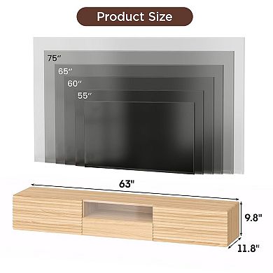 63" Floating TV Stand Cabinet, Fluted Entertainment Center with Remote Control for LED Lights