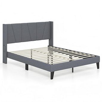 Bed Frame with Upholstered Wingback Headboard, Wood Slat Support and Side Pockets