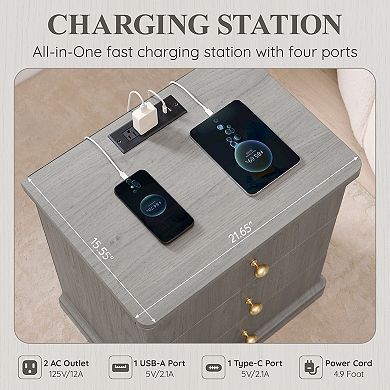 3-Drawer Nightstand w/ Charging Station, 23" Modern Bedside Table, End Table for Bedroom Living Room