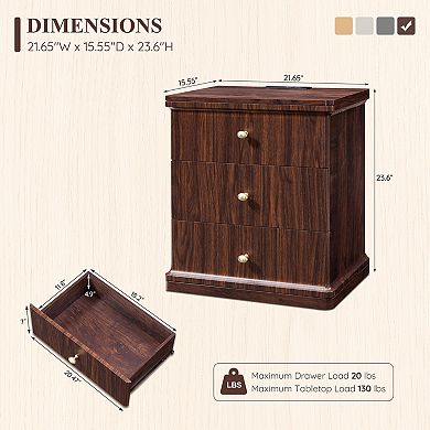 3-Drawer Nightstand w/ Charging Station, 23" Modern Bedside Table, End Table for Bedroom Living Room