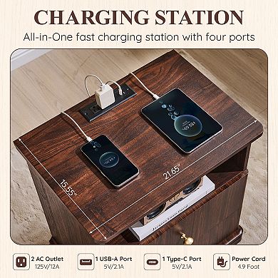 23.6" Nightstand with Charging Station, Modern Bedside Table w/ 2 Drawers & Open Shelf for Bedroom