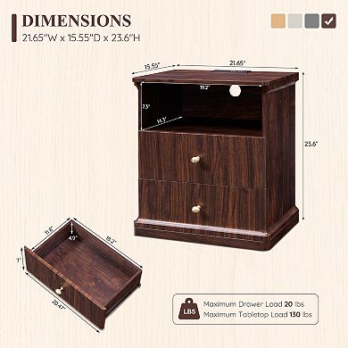 23.6" Nightstand with Charging Station, Modern Bedside Table w/ 2 Drawers & Open Shelf for Bedroom