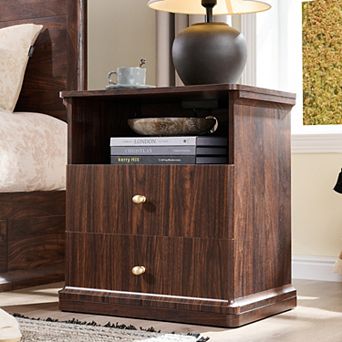 23.6" Nightstand with Charging Station, Modern Bedside Table w/ 2 Drawers & Open Shelf for Bedroom