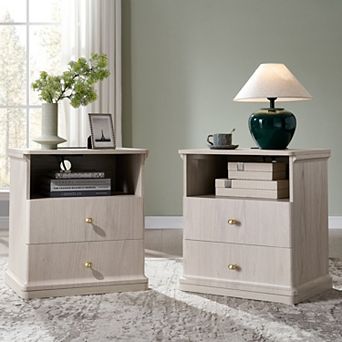 23.6" Nightstand with Charging Station, Modern Bedside Table w/ 2 Drawers & Open Shelf for Bedroom