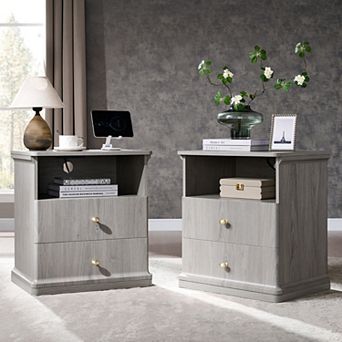 23.6" Nightstand with Charging Station, Modern Bedside Table w/ 2 Drawers & Open Shelf for Bedroom