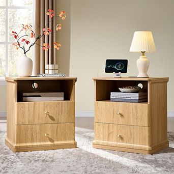 23.6" Nightstand with Charging Station, Modern Bedside Table w/ 2 Drawers & Open Shelf for Bedroom