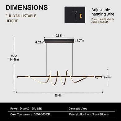 ZLAIQB 2-Light Black Irregular Aluminum Dimmable Remote Control 55in Pendant Light