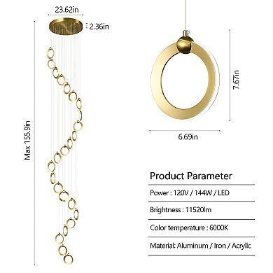 ZLAIQB 24-Light Gold LED Modern 24 Ring Ceiling Mount 6.69in Pendant Light