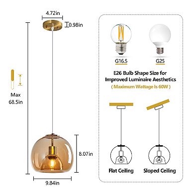ZLAIQB 1-Light Glass Globe Modern Pendant Light