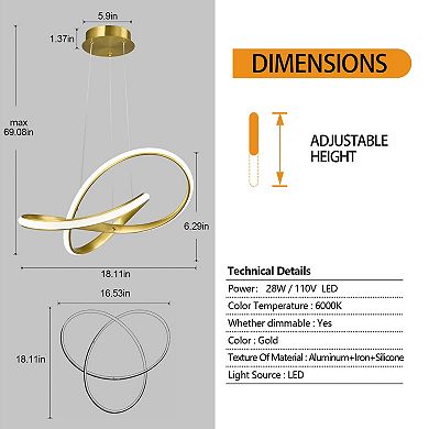 Modern LED Adjustable Chandelier, Irregular Ring Ceiling Light for Kitchen Island Dining Room