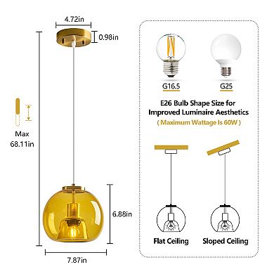 Modern Glass Globe Pendant Light, Adjustable Hanging Fixture for Kitchen Island Dining Room Bedroom
