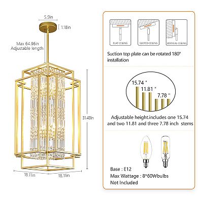 ZLAIQB 8-Light Metal Crystal Farmhouse Rustic Rectangle Ceiling Mount Pendant Light