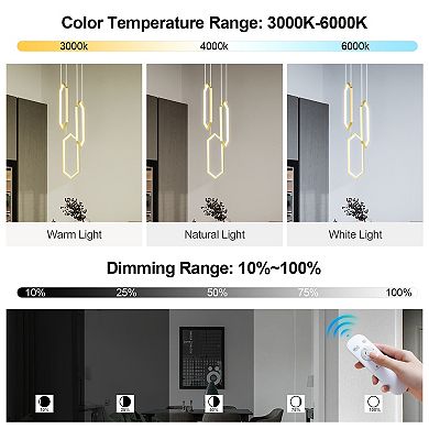 ZLAIQB 3-Light Gold LED Modern 3 Ring Rectangle Hanging 5.9in Pendant Light