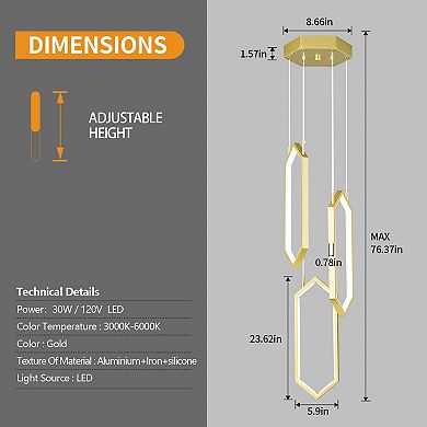 ZLAIQB 3-Light Gold LED Modern 3 Ring Rectangle Hanging 5.9in Pendant Light