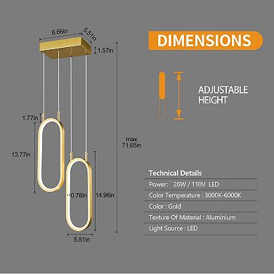 ZLAIQB 2-Light Gold LED Modern 2 Rings Oval 5.51in Pendant Light
