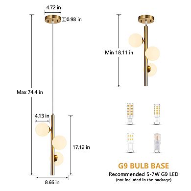 ZLAIQB 3-Light MidCentury Globe Height Adjustable Pendant Light