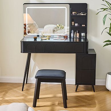 KWPZQEB Modern Makeup Vanity Desk with Mirror & LED Lights, Dressing Table with Stool for Bedroom
