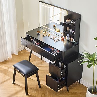 KWPZQEB Modern Makeup Vanity Desk with Mirror & LED Lights, Dressing Table with Stool for Bedroom