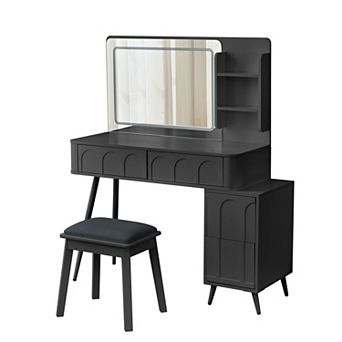 KWPZQEB Modern Makeup Vanity Desk with Mirror & LED Lights, Dressing Table with Stool for Bedroom