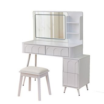 KWPZQEB Modern Makeup Vanity Desk with Mirror & LED Lights, Dressing Table with Stool for Bedroom