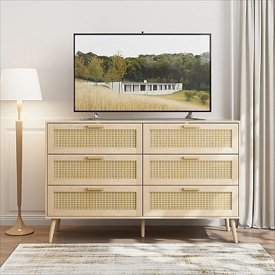 KWPZQEB Rattan Storage Cabinet with 6 Drawers, Natural