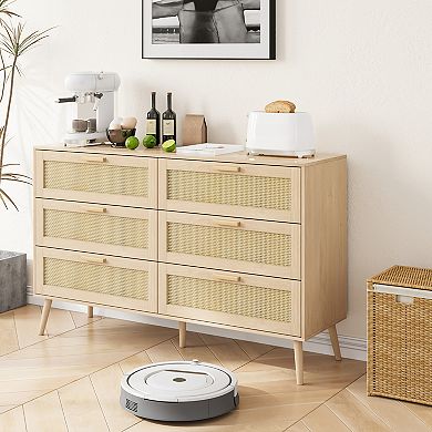 KWPZQEB Rattan Storage Cabinet with 6 Drawers, Natural