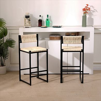 KWPZQEB Paper Rope Weave Bar Stools Set of 2 with Low Backrest