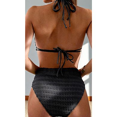 Women's High Waisted Halter Bikini Set, Textured 2-Piece Swimsuit, Tummy Control Beachwear