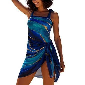 Women's Marble Print One-Piece Swimsuit with Cover Up, Tummy Control 2 pc Beachwear Set
