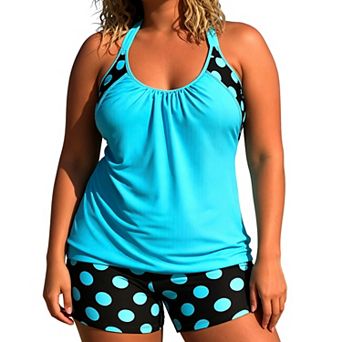 Women's Plus Size Polka Dot Tankini Set, Tummy Control 2 pc Swimsuit, Modest Beachwear