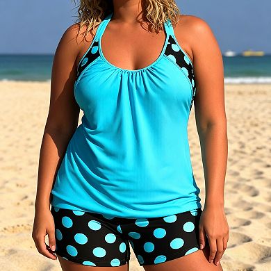 Women's Plus Size Polka Dot Tankini Set, Tummy Control 2-Piece Swimsuit, Modest Beachwear