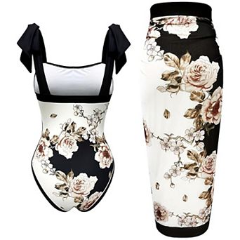 Women's Floral Print One-Piece Swimsuit with Cover Up Skirt, Bow Strap 2 pc Beachwear Set