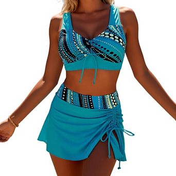 Women's Polka Dot Print 2 pc Swimsuit with Skirt, Drawstring Tankini Beachwear Set