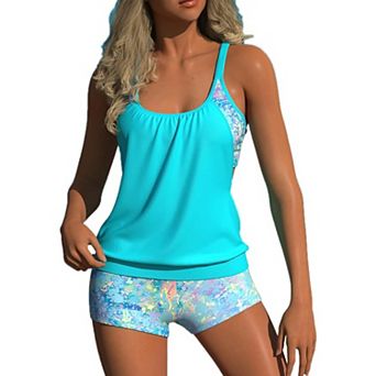 Women's Tie-Dye Print Tankini Set, Adjustable Straps 2 pc Swimsuit, Tummy Control Beachwear