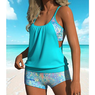 Women's Tie-Dye Print Tankini Set, Adjustable Straps 2-Piece Swimsuit, Tummy Control Beachwear