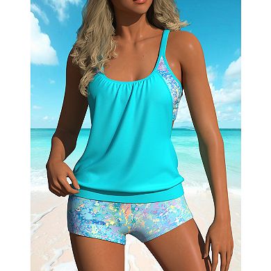 Women's Tie-Dye Print Tankini Set, Adjustable Straps 2-Piece Swimsuit, Tummy Control Beachwear