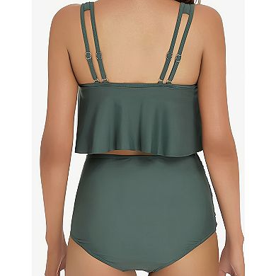 Women's Flounce Tankini Set, High Waisted Tummy Control 2-Piece Swimsuit, Double Straps Beachwear
