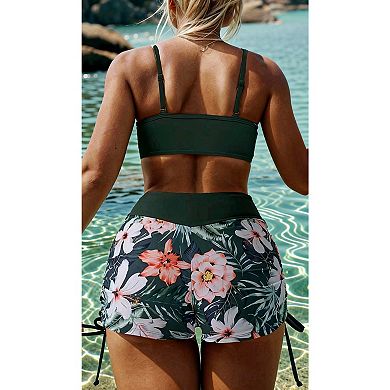 Women's 2-Piece Floral Tankini Swimsuit with High Waisted Boyshorts, Drawstring Bathing Suit