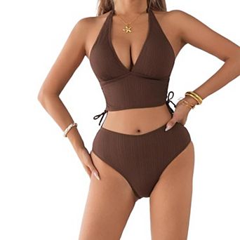 Women's 2 pc Halter Tankini Swimsuit, Ribbed High Waisted Bathing Suit with Side Ties