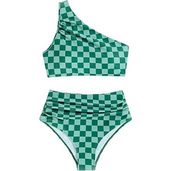 Women's 2 pc Checkered Bikini Swimsuit, One Shoulder Top with High Waisted Bottom Bathing Suit