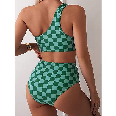 Women's 2-Piece Checkered Bikini Swimsuit, One Shoulder Top with High Waisted Bottom Bathing Suit