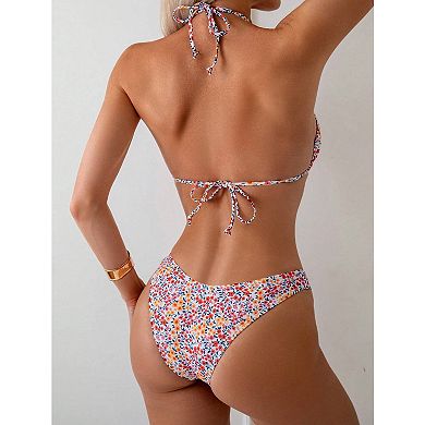 Women's Floral Triangle Bikini Swimsuit, Tie Back Halter Bathing Suit for Beach & Pool