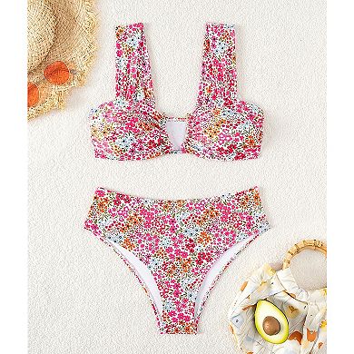 Women's 2-Piece Floral Bikini Swimsuit, Underwire Top with High Waisted Bottom Bathing Suit